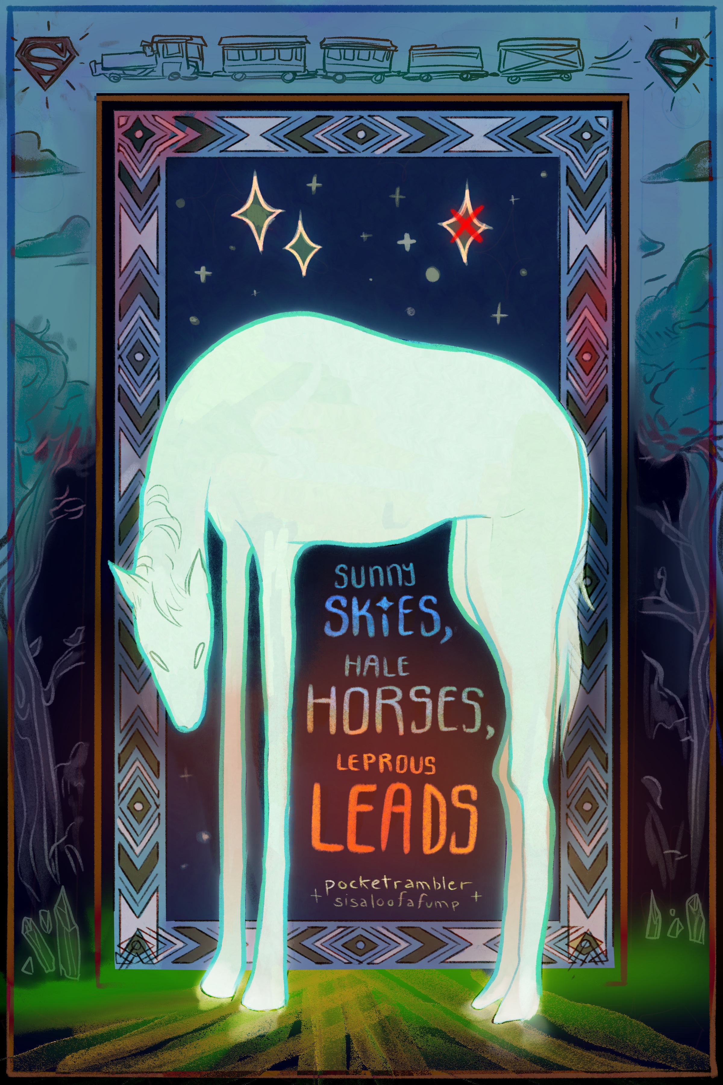The same title page drawing as above, where a ghostly white horse stands in front of a bordered background.