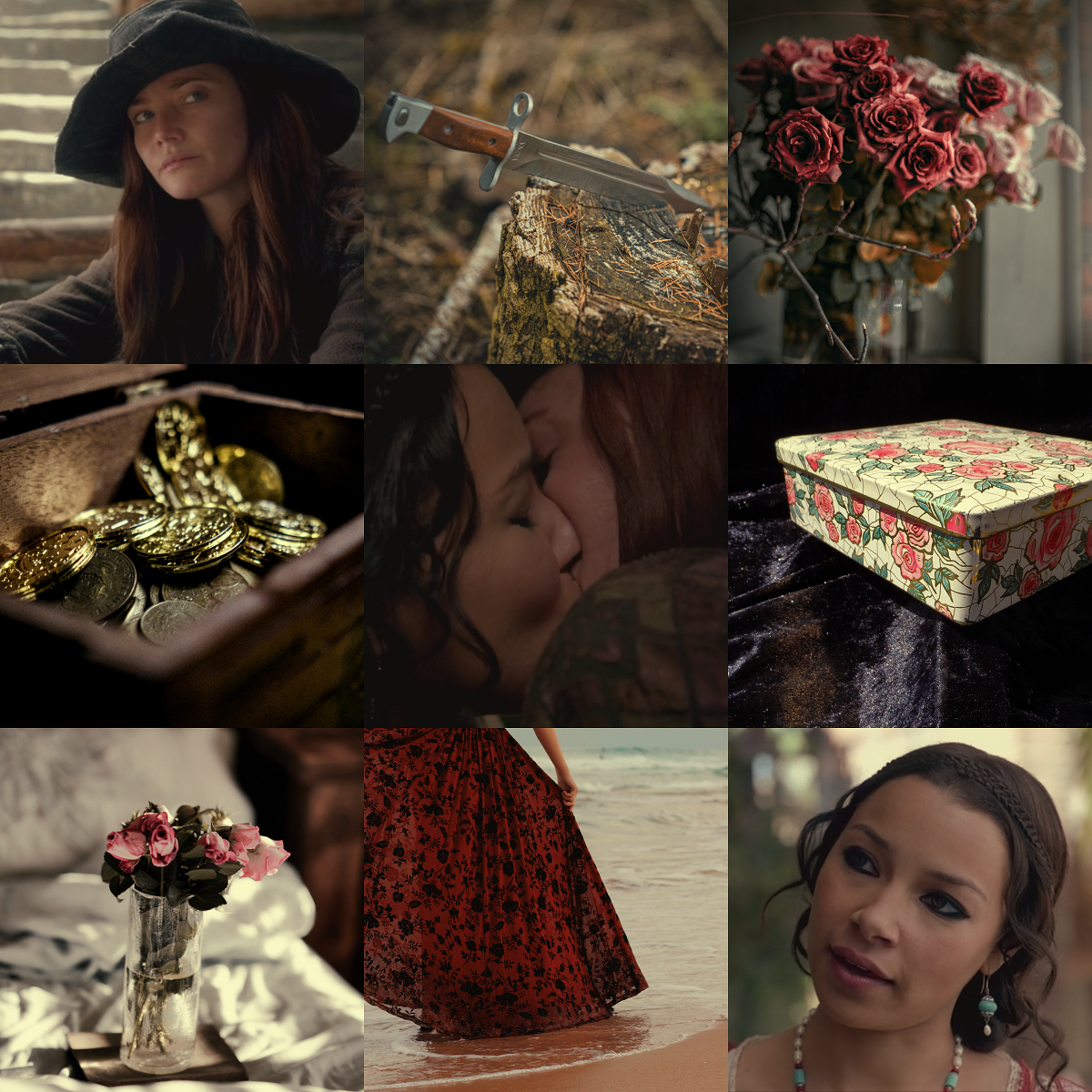 A 3x3 grid of images. 1- Anne Bonny sitting on the stairs outside in the fort. 2- A knife dug into a tree stump. 3- Vases of pink and white roses. 4- A wooden box filled with gold coins. 5- A close-up of Anne and Max kissing. 6- A small metal box painted with red roses. 7- A vase of pink roses left on a bed. 8- The lower half of a person standing in the waves on a beach, wearing a floor-length red skirt. 9- Max, smiling as she says something.