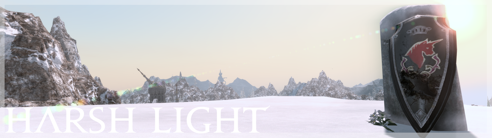 Screenshot of a snowy Coerthan landscape with the sun setting behind Haurchefant's gravestone. In the lower left corner in all caps are the words 'Harsh Light.'