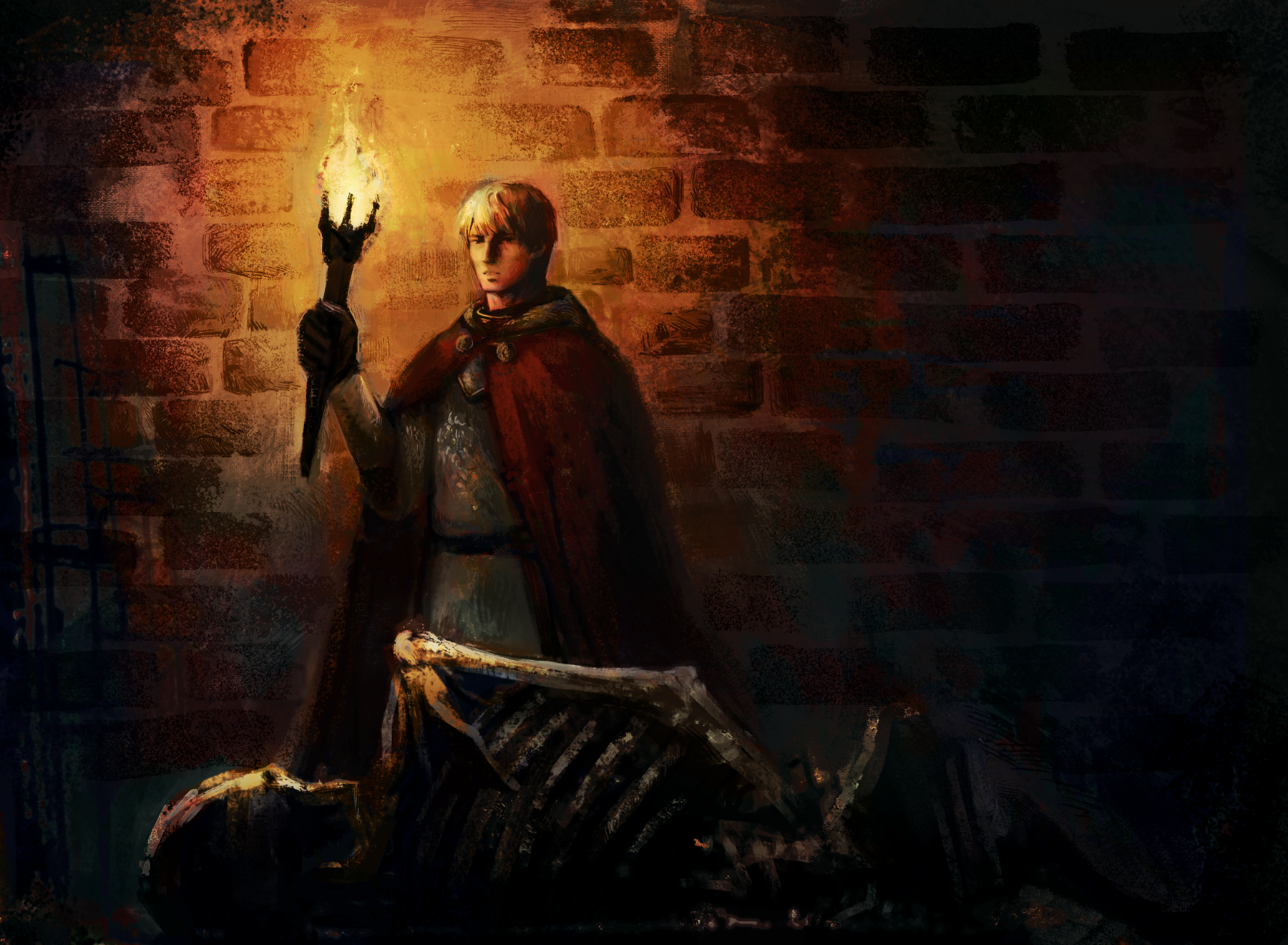 Arthur in the tower, corridor lit with a torch, illuminating a skeleton - by count-pudding