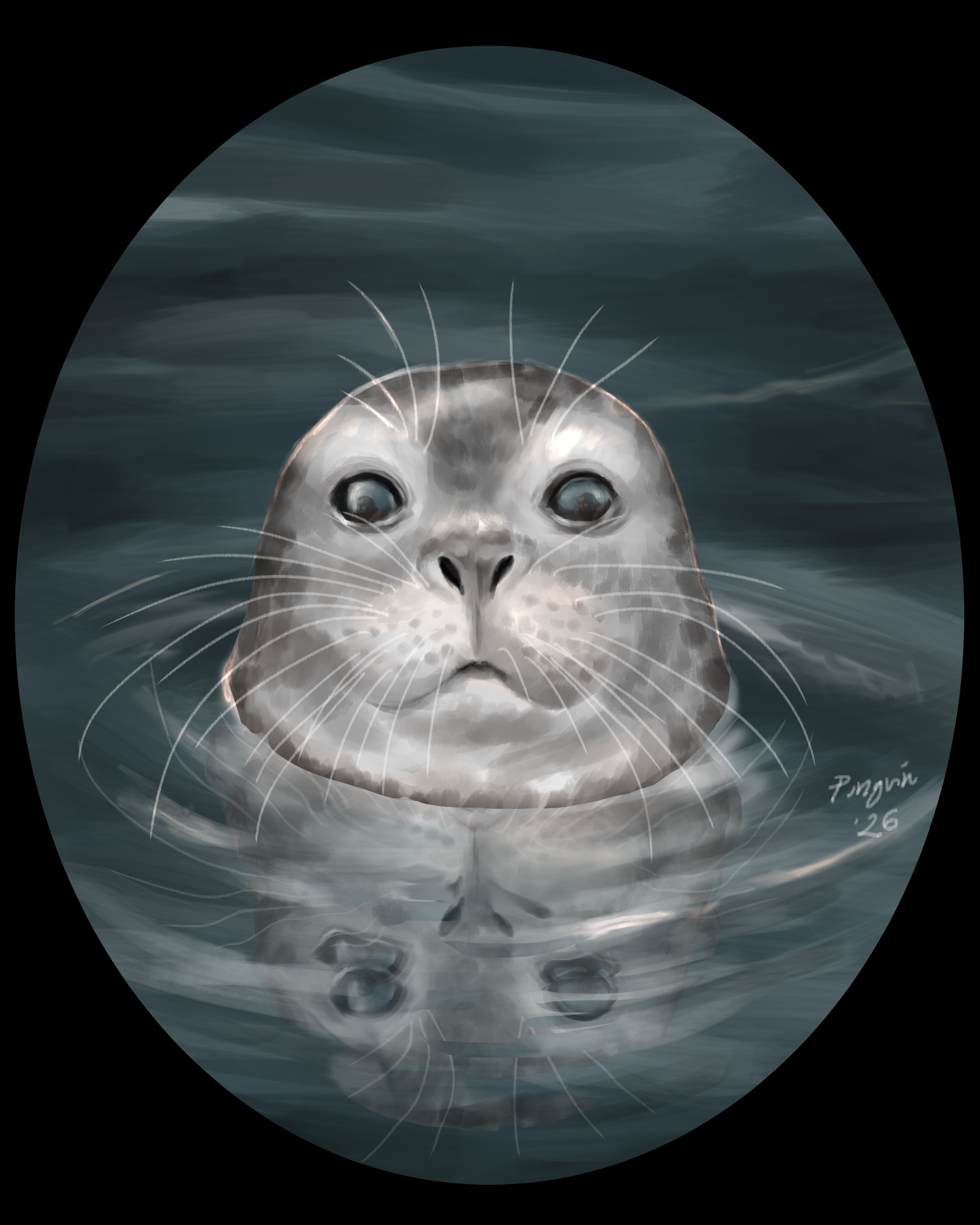 A harbor seal looking out of the water. Look very deep into its eyes and there is a reflection of Thorin Oakenshield there. 