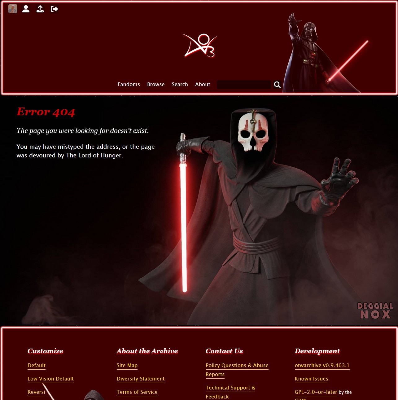 Error 404 (Page not found) page with Darth Nihilus, aka the Lord of Hunger