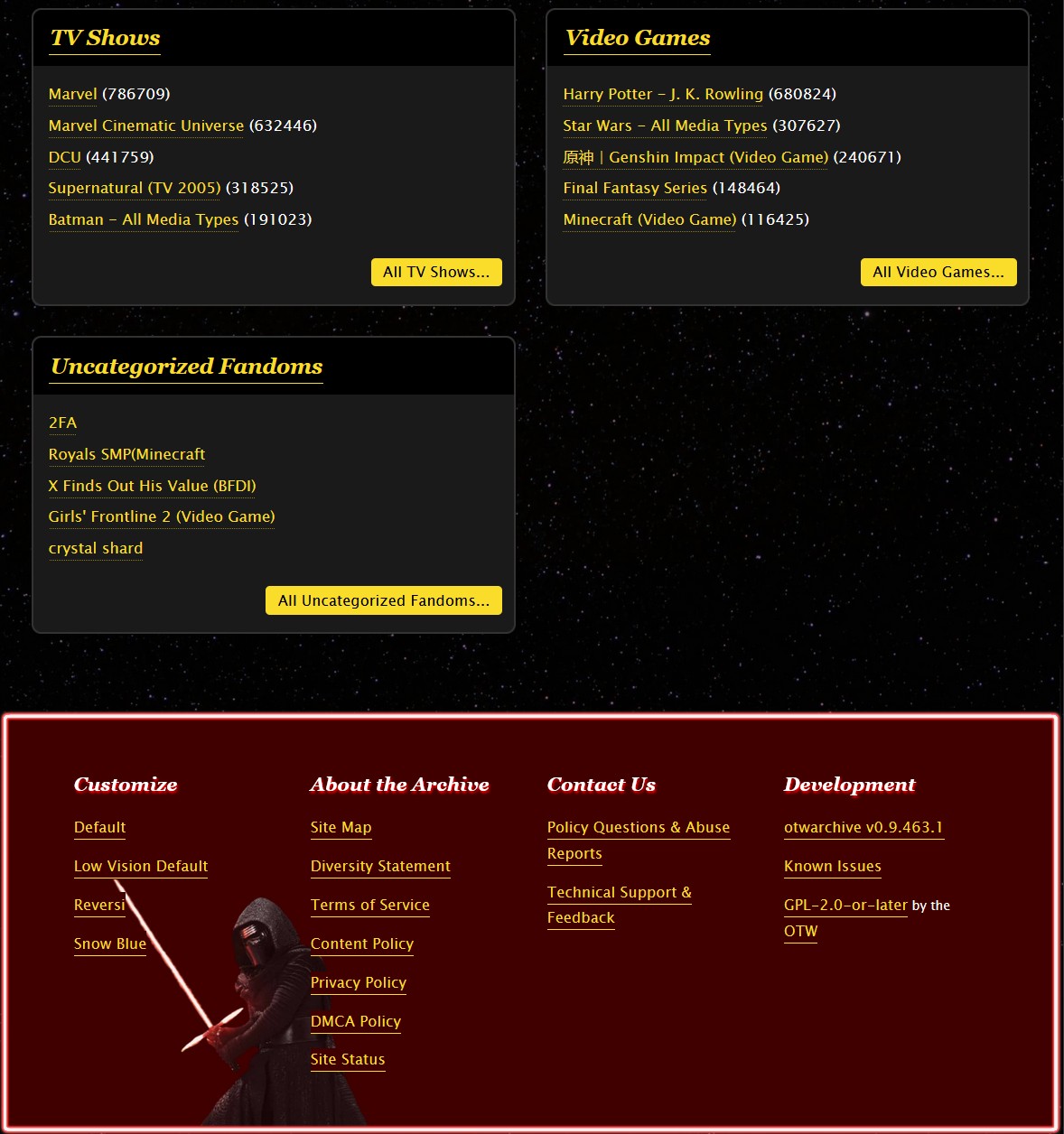 Fandom page showing fandoms and footer with Kylo Ren