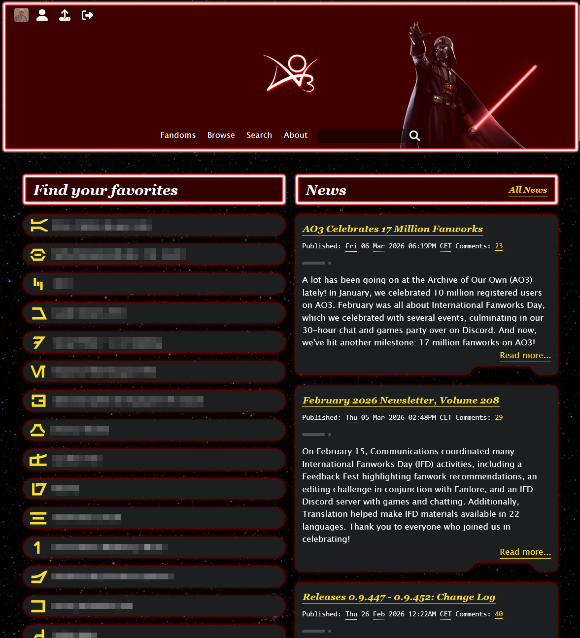 Home page showing header with Darth Vader, favourite tags, and news