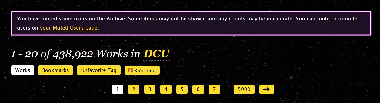 Pagination buttons on the fandom page, showing an alert and the 'next' button being an arrow