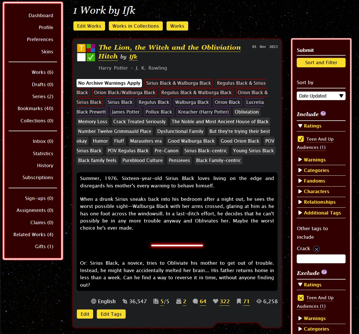 'User's works page showing dashboard menu, filters and a work