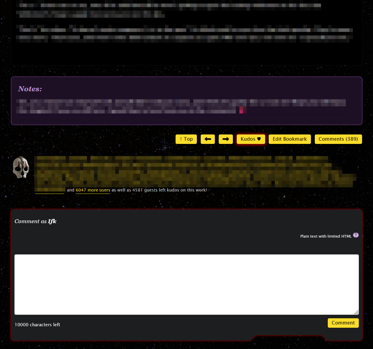 Work page showing body, notes, comment textarea, and kudos section with Darth Nihilus' mask as the kudos icon