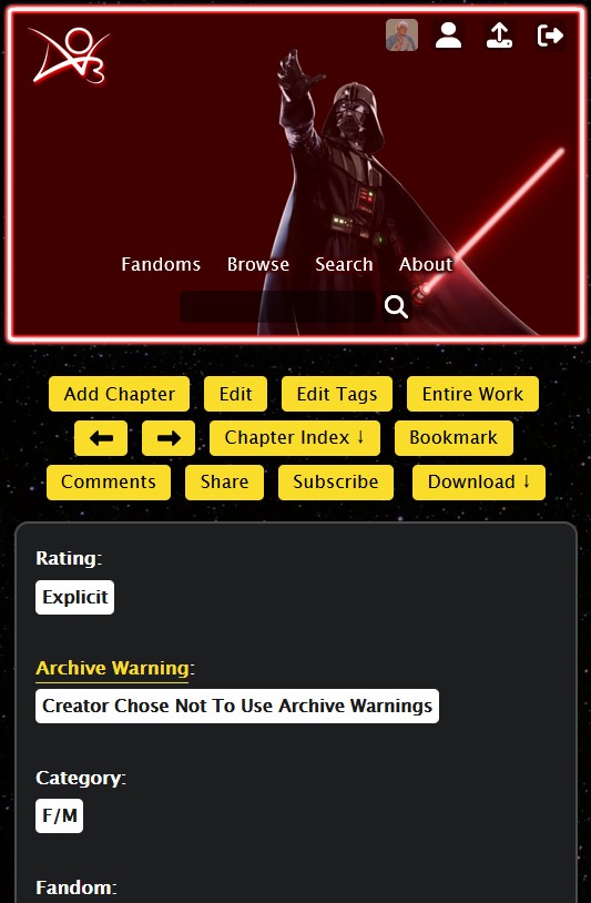 Work navigation showing header, navigation actions including previous/next chapter buttons, and work meta
