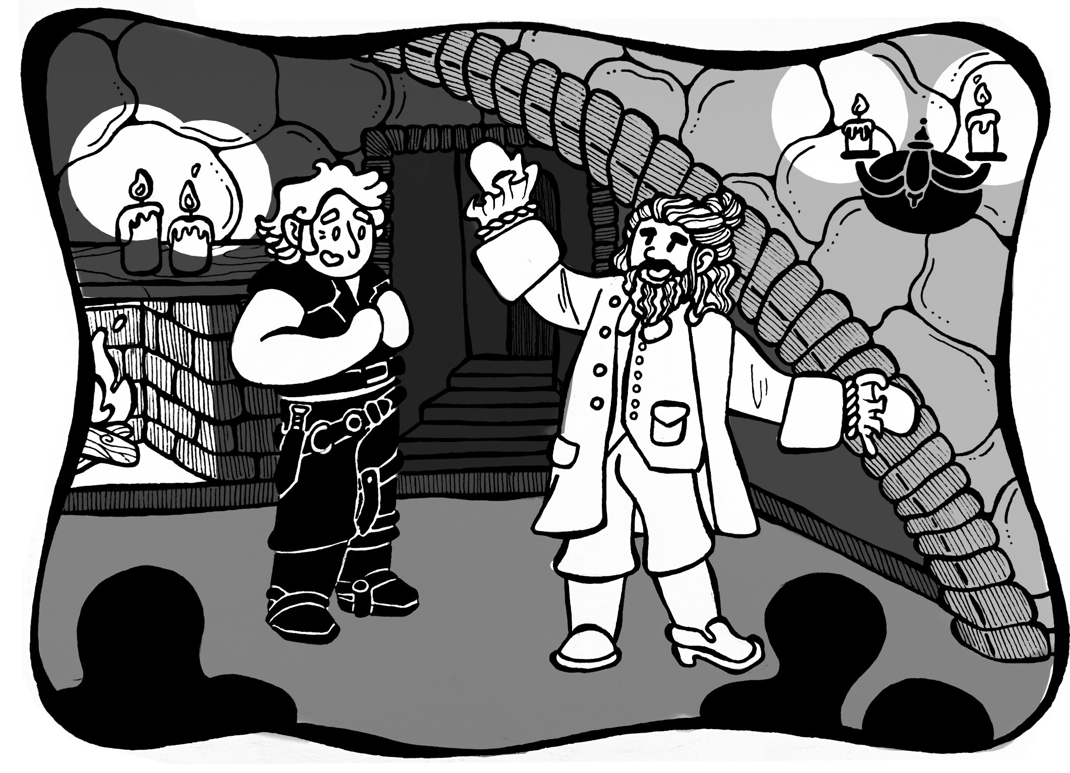 Black and white art of Ed and Stede from Our Flag Means Death standing in Spanish Jackie'z. Stede claps his hands in Ed's black leather suit, and Ed strikes a pose in Stede's white suit.