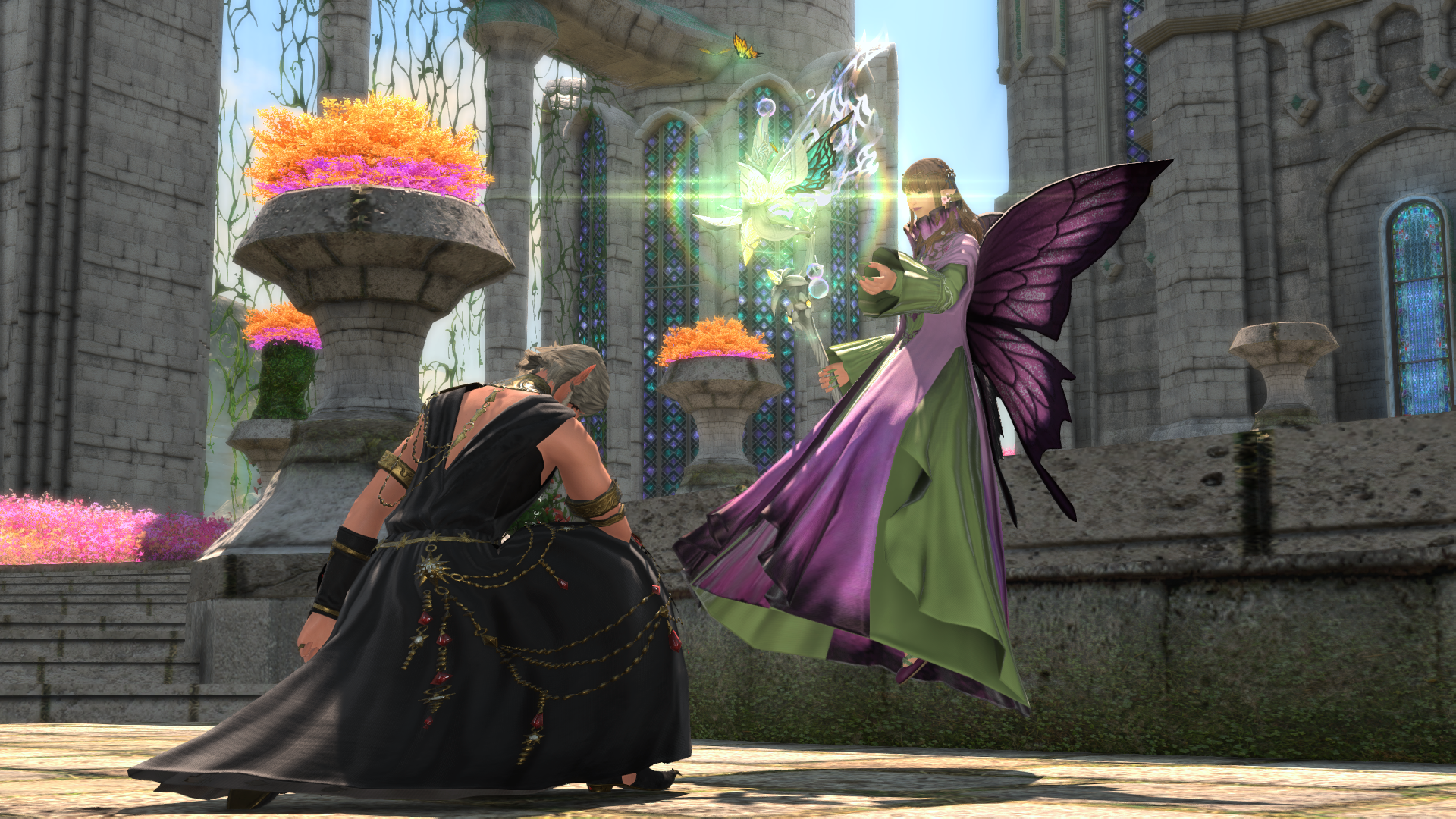 Urianger kneels at the gates of Lyhe Ghiah, beforea gently smiling Ariane as Titania, dressed in green and purple gown with purple wings, bearing a glowing staff adorned with fae wings.