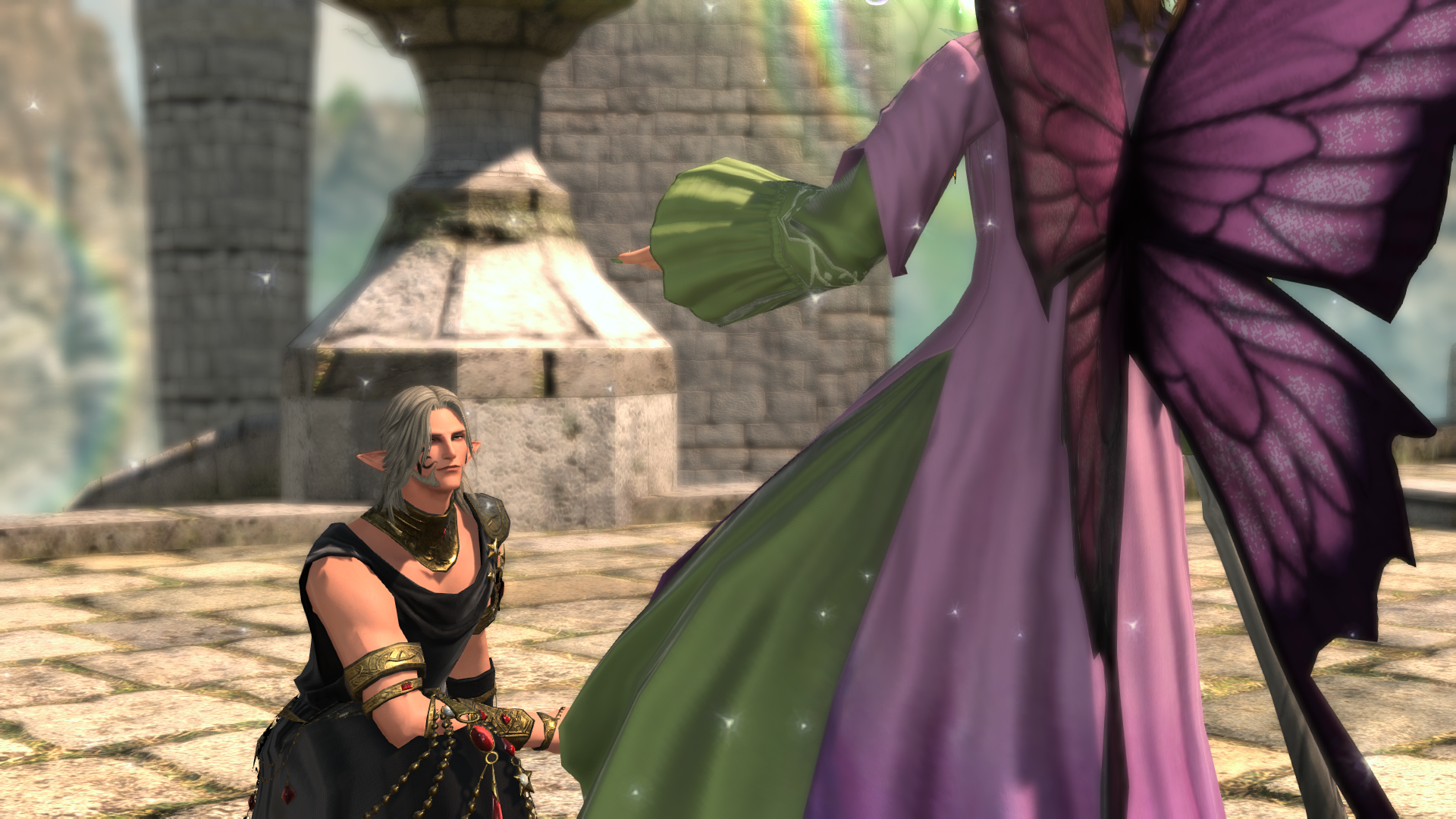 Looking up at Ariane as Titania, Urianger's face bears an affectionate, if wistful, smile.