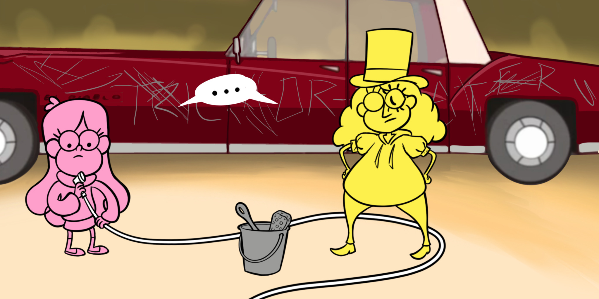 Panel one: human Bill Cipher (wearing a top hat) and Mabel Pines standing in front of Stan Pines's car, which is completely covered in scratches. There's a bucket with a sponge and brush handle in it on the ground between them, and Mabel's holding a hose with a spray attachment that weaves over the ground behind Bill. They silently regard their cleaning supplies.