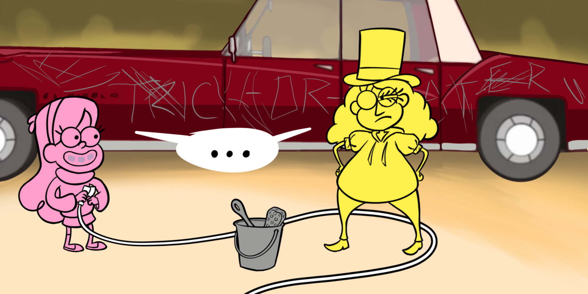 They silently regard each other. Mabel is grinning widely and Bill's squinting at her suspiciously.