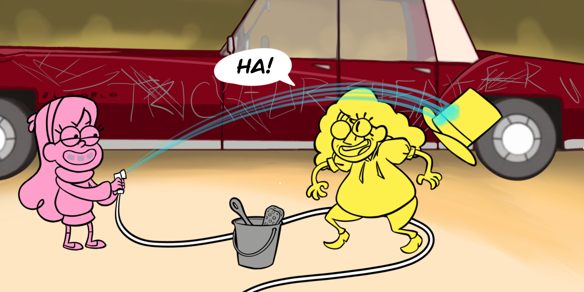 Mabel smiles evilly and sprays a stream of water at Bill's face. Bill ducks, shouting "Ha!" and the water stream just knocks his hat off instead.