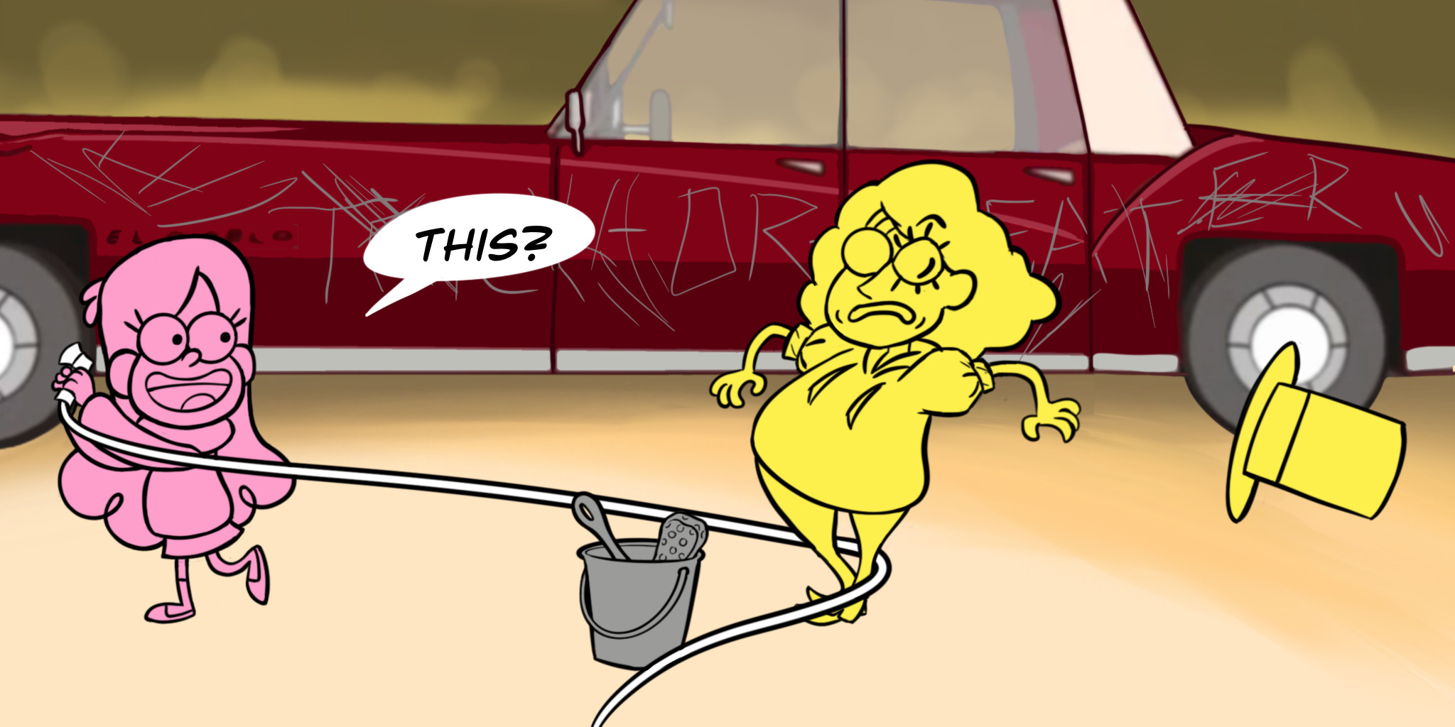 Panel five: Mabel grins, jerks the hose tight behind Bill's ankles, and says, "THIS?" Bill looks down at the hose hooked behind his ankles in alarm and starts to topple backwards.