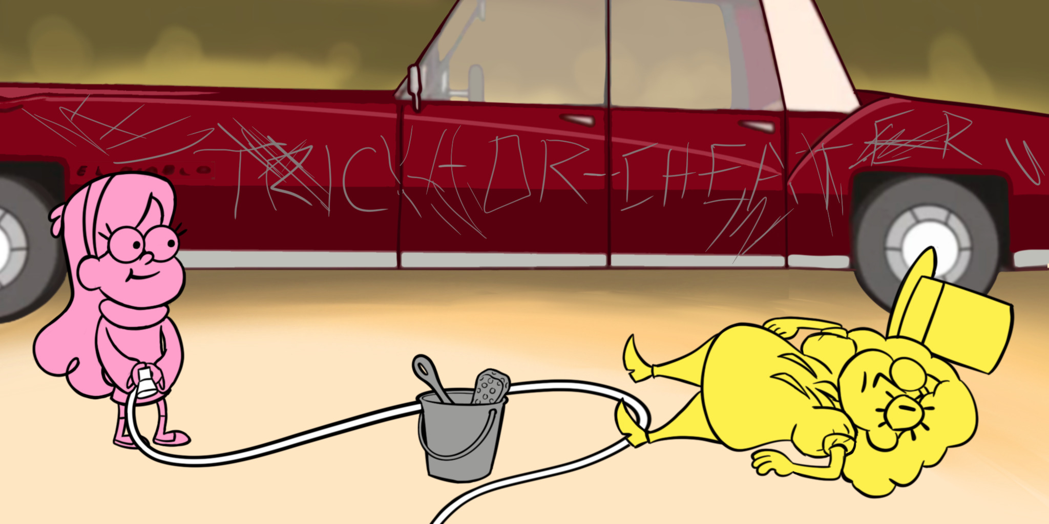 Panel six: Bill, flopped flat on his back, staring at the sky, looking stunned. Mabel's wearing a small satisfied grin.