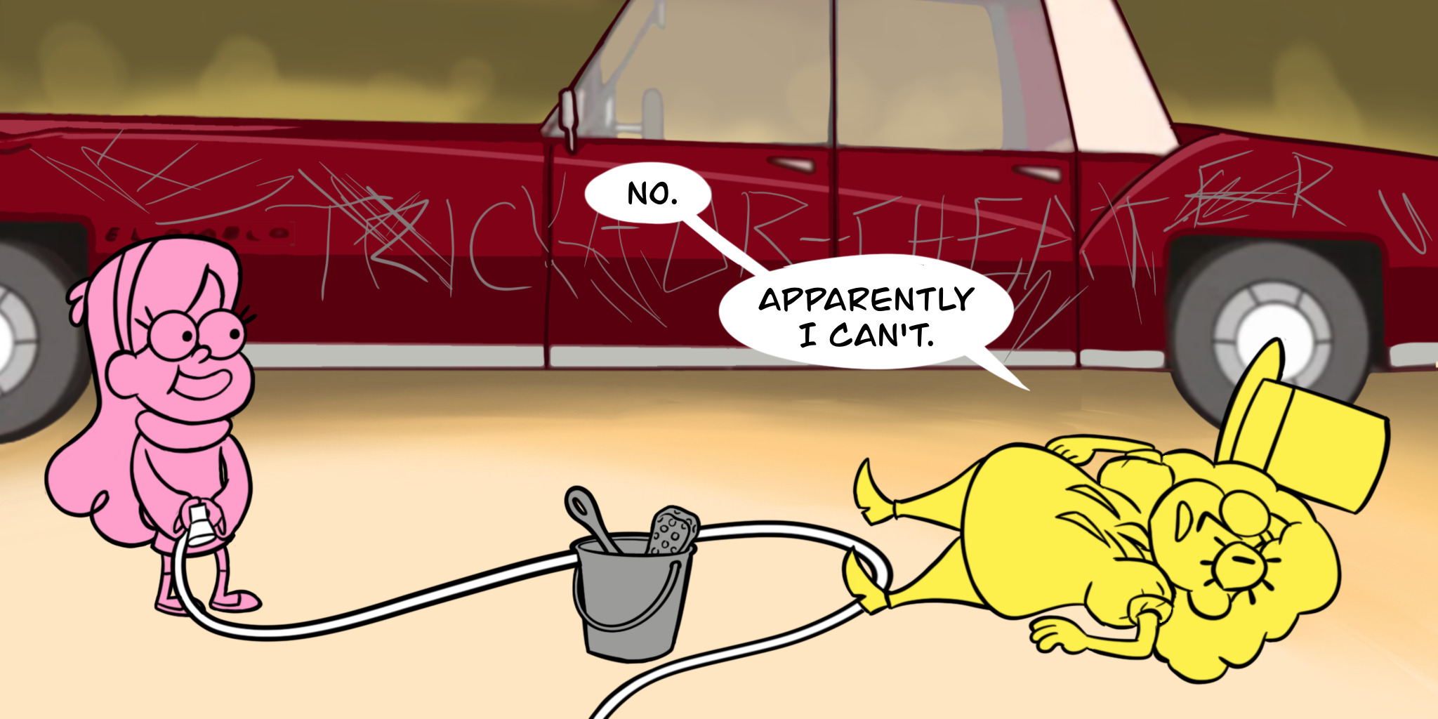 Panel seven: Mabel smiles a little wider as Bill says, expression unchanged: "No. Apparently I can't."