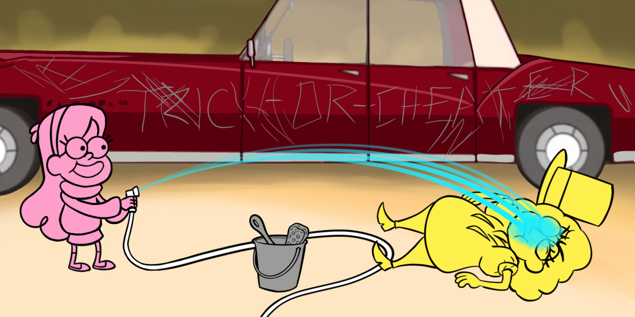 Panel eight: Mabel sprays the hose directly in Bill's face, making him Bill scrunch up his face.